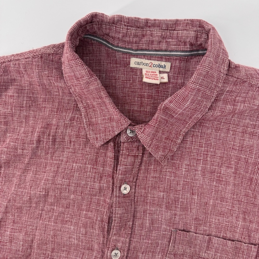 Carbon2cobalt Button Up Men XL Burgundy Linen Blend Short Sleeve Textured